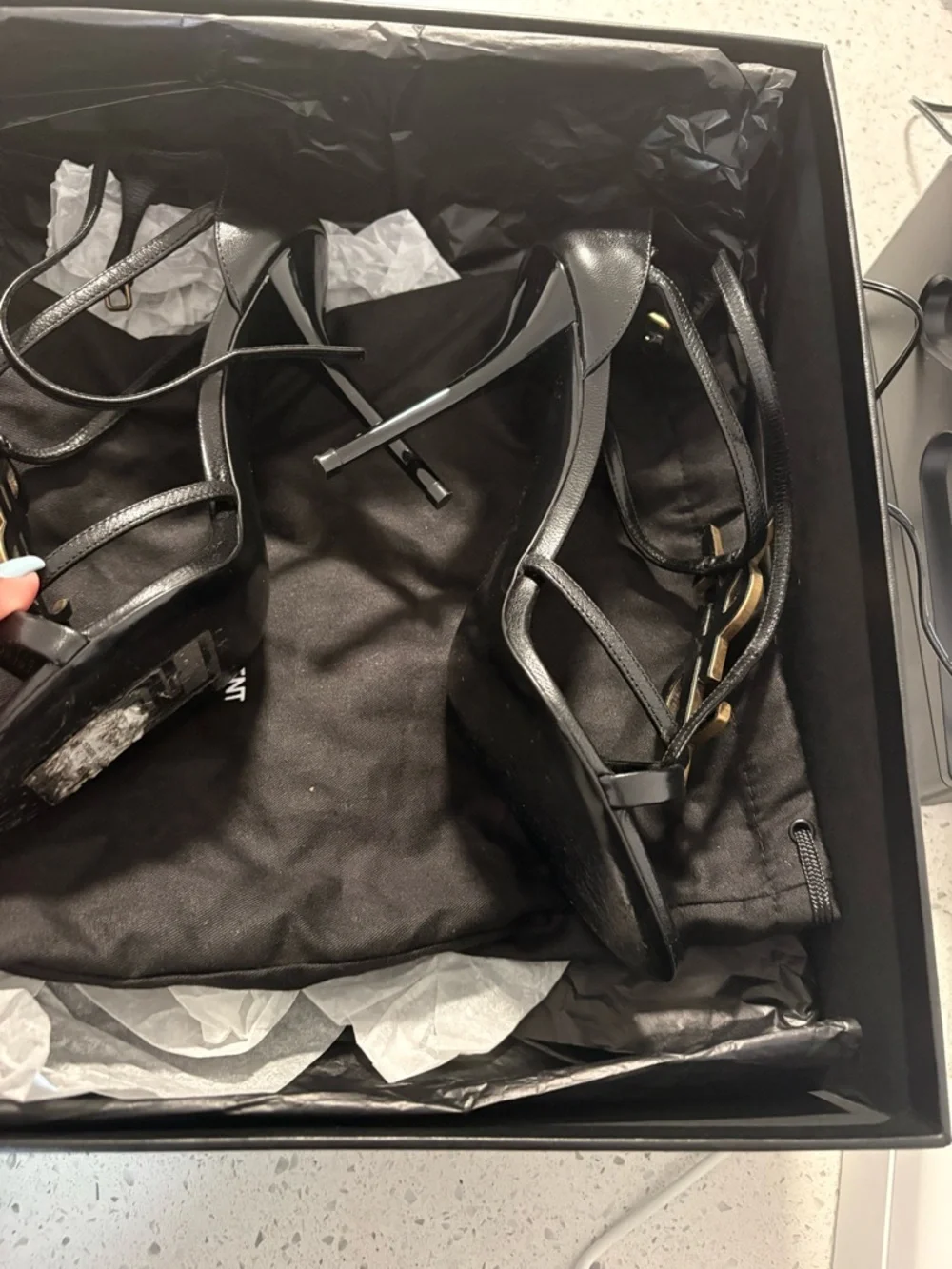 Saint Laurent Black Leather Sandal with Gold YSL Logo - Picture 5 of 7